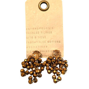 Anthropologie Waterfall Glass Beaded Rhinestone Bronze Gold Cluster Earrings